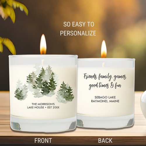 Rustic Lake House Watercolor Pine Trees Custom Scented Candle