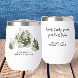 Rustic Lake House Watercolor Pine Trees Custom Thermal Wine Tumbler