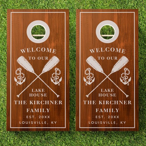 Rustic Lake House Wood Established Family Name Cornhole Set