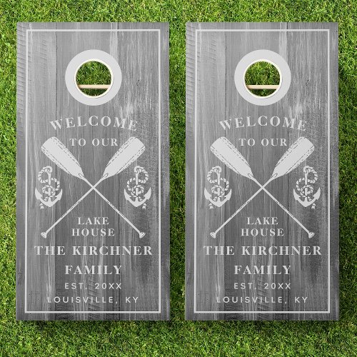 Rustic Lake House Wood Established Family Name Cornhole Set