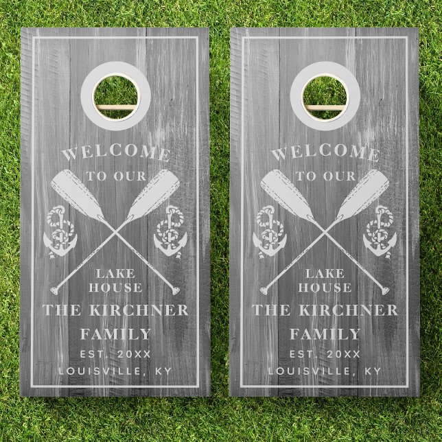 Rustic Lake House Wood Established Family Name Cornhole Set (Creator Uploaded)