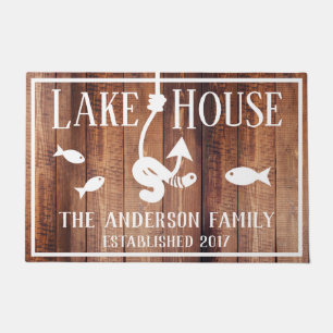 Rustic Lake House Worm on a Hook Fish Family Name Doormat