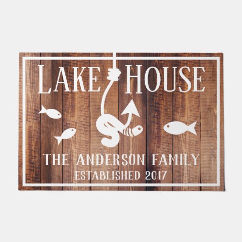 Rustic Lake House Worm on a Hook Fish Family Name Doormat