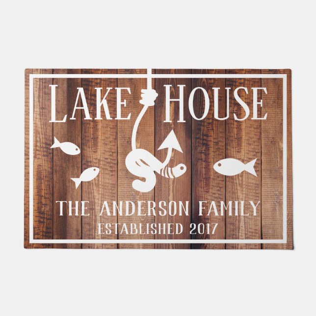 Rustic Lake House Worm on a Hook Fish Family Name Doormat (Front)
