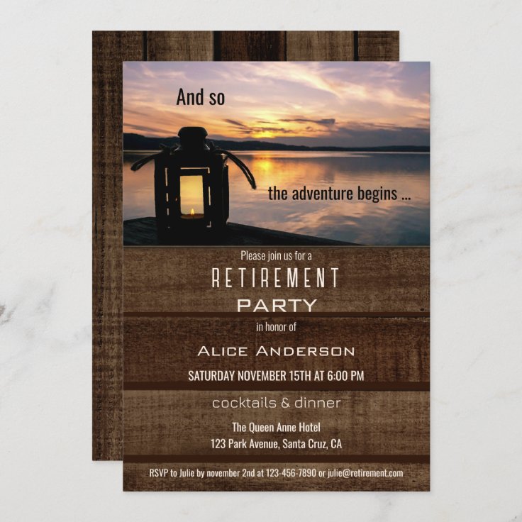 Rustic Lake Lantern Sunset Retirement Party Invita Invitation 