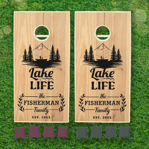 Rustic Lake Life Pine Wood Custom Family Name Cornhole Set