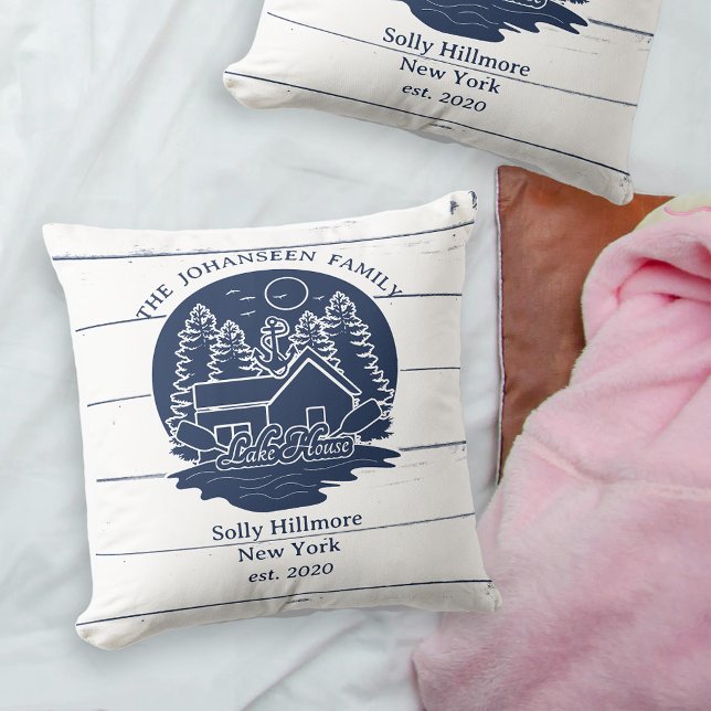 Rustic Lake Navy Blue and White House Family Name Throw Pillow (Creator Uploaded)