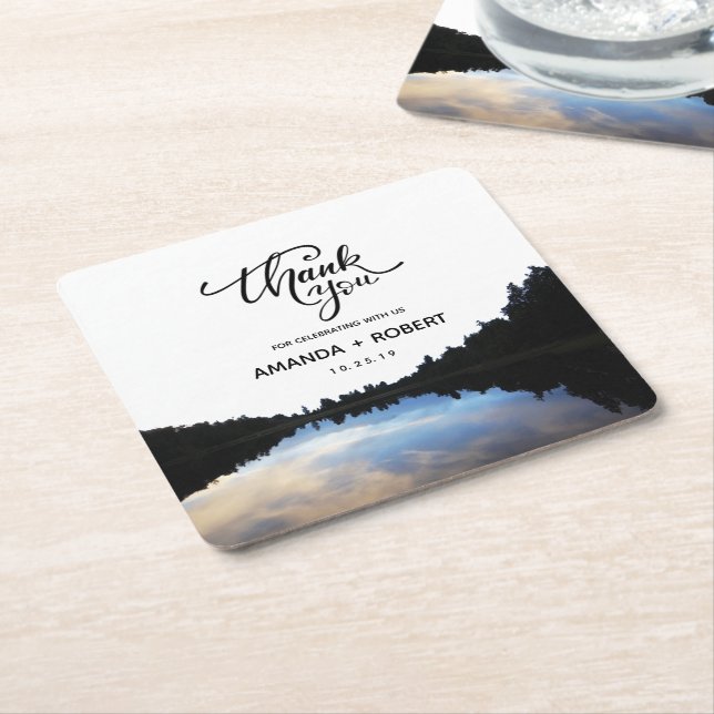 ©Rustic Lake Reflections Lakeside Wedding Favor Square Paper Coaster (Angled)