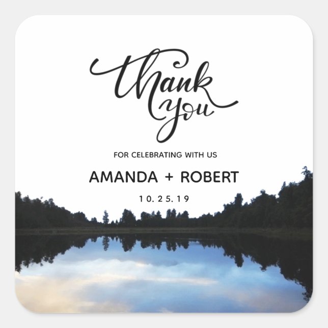 ©Rustic Lake Reflections Lakeside Wedding Favor Square Sticker (Front)