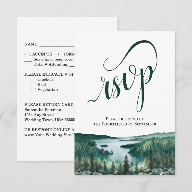Rustic Lake Tahoe Elegant Script Wedding RSVP Card (Front/Back)