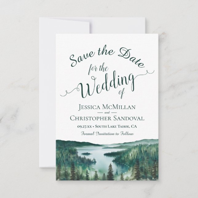 Rustic Lake Tahoe Watercolor Destination Wedding Save The Date (Front)