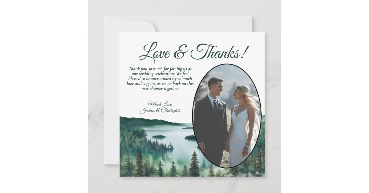 Rustic Lake Tahoe Watercolor Oval Photo Wedding Thank You Card | Zazzle
