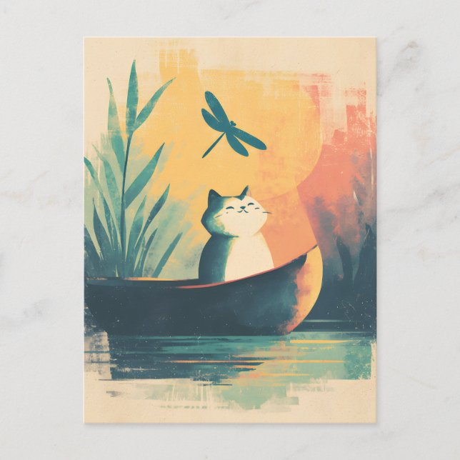 Rustic Lake Vintage Cat Adventure Announcement Postcard (Front)
