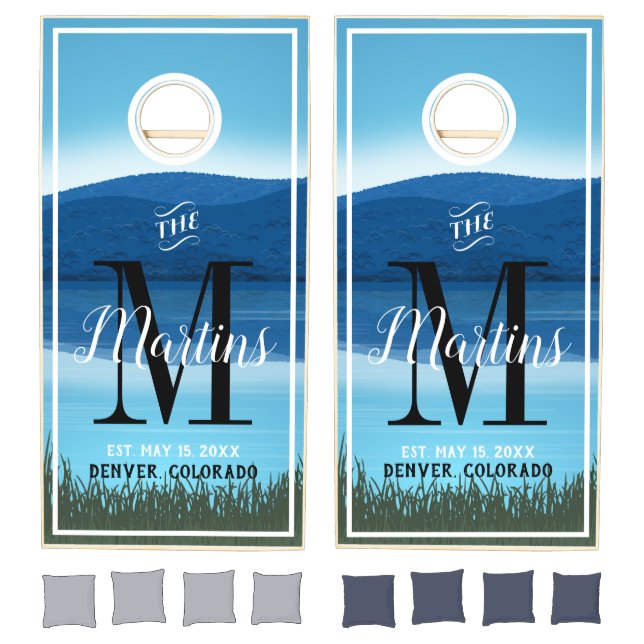 Rustic Lake Wedding Family Monogram Personalized Cornhole Set (Set)