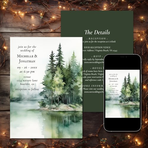 Rustic Lake Woodland Forest All in One Wedding Invitation