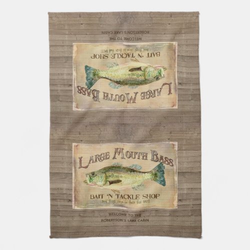 Rustic Lakeside Cabin Large Mouth Bass Fishing Kitchen Towel