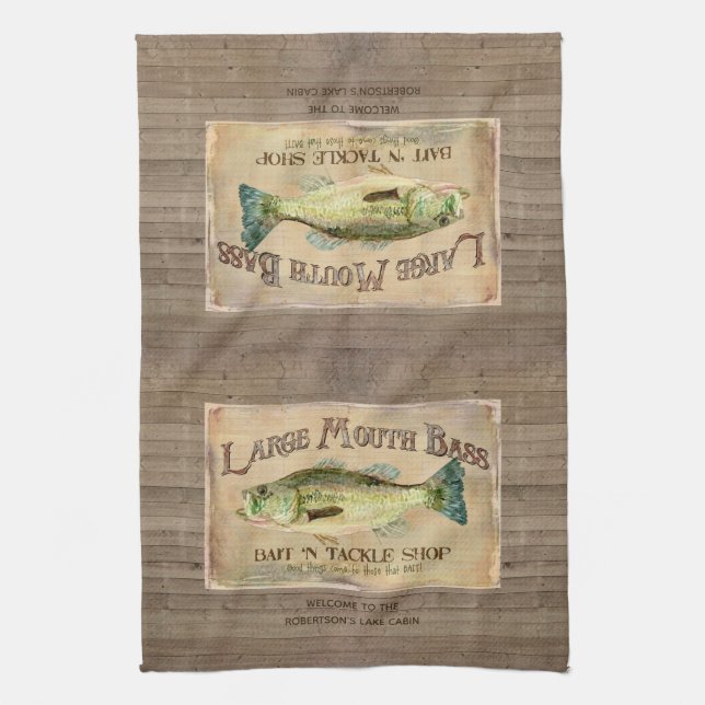 Rustic Lakeside Cabin Large Mouth Bass Fishing Kitchen Towel (Vertical)