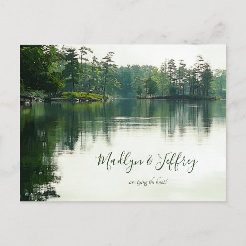 Rustic lakeside evergreen reflection save the date announcement postcard