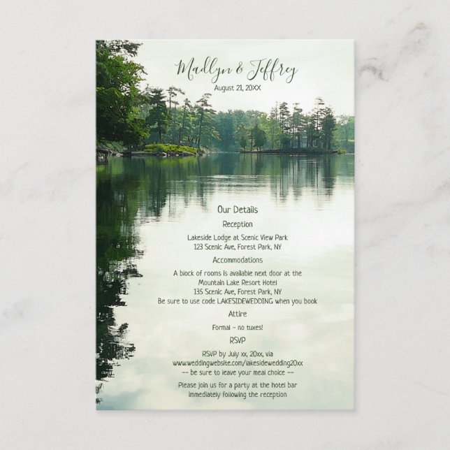 Rustic lakeside evergreens reflection details enclosure card (Front)