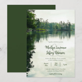 Rustic lakeside evergreens reflection wedding invitation