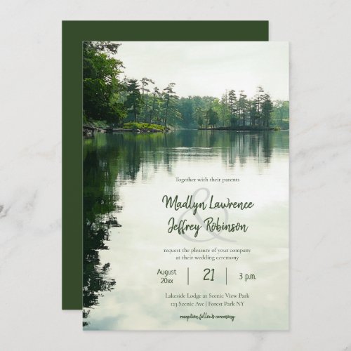 Rustic lakeside evergreens reflection wedding invitation