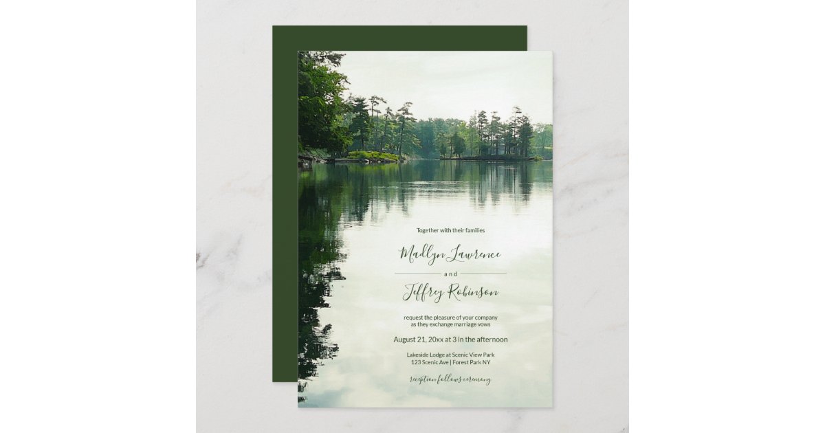 Rustic lakeside evergreens reflection wedding invitation | Zazzle