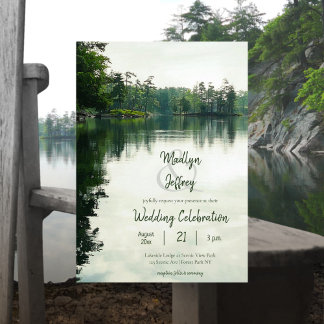 Rustic lakeside evergreens reflection wedding invitation