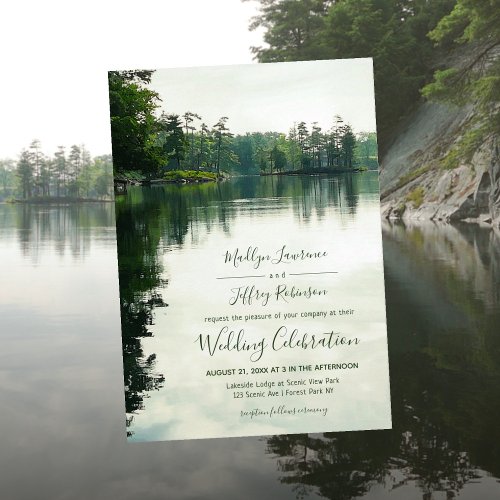 Rustic lakeside evergreens reflection wedding invitation