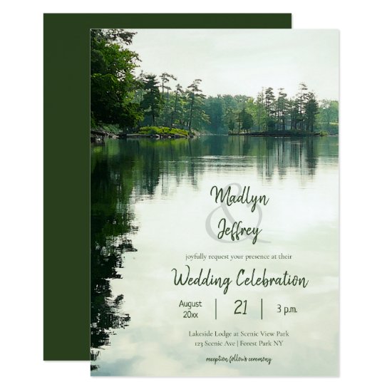 Rustic lakeside evergreens reflection wedding invitation