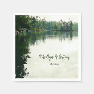 Rustic lakeside evergreens reflection wedding napkins