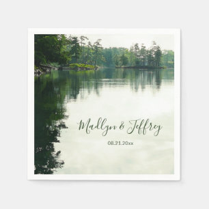 Rustic lakeside evergreens reflection wedding napkins