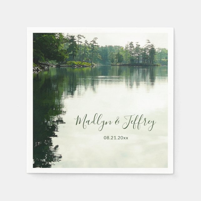 Rustic lakeside evergreens reflection wedding napkins (Front)