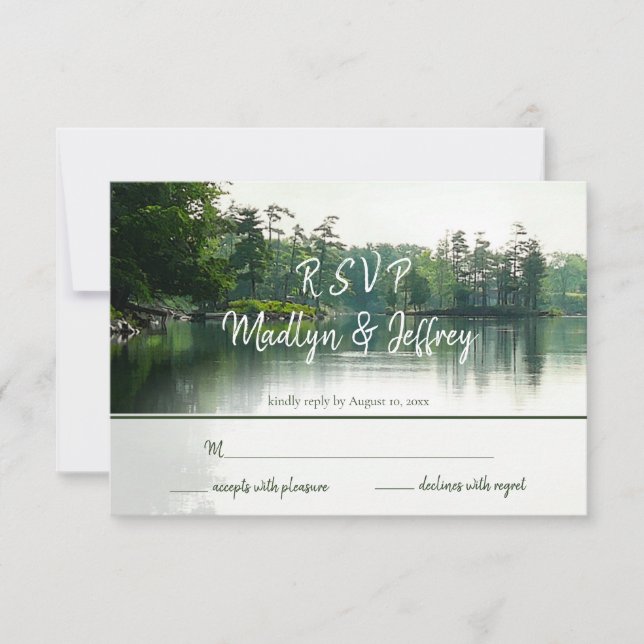 Rustic lakeside evergreens reflection wedding rsvp (Front)