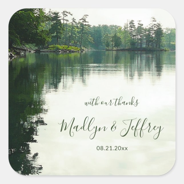 Rustic lakeside evergreens reflection wedding square sticker (Front)