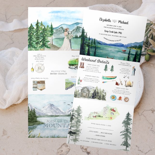 Rustic Lakeside Mountain | Illustrated Wedding Tri-Fold Invitation (Creator Uploaded)