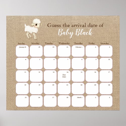 Rustic Lamb Baby Shower Due Date Calendar Poster