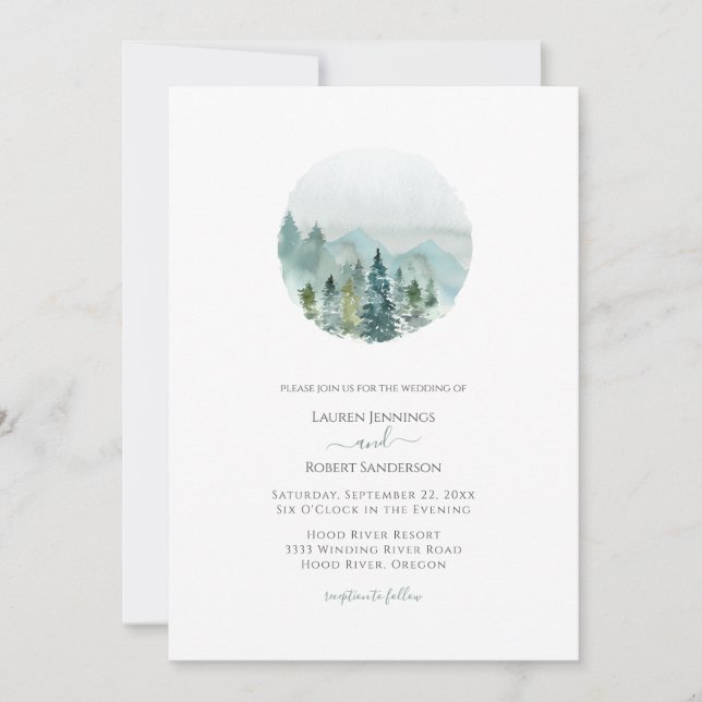 Rustic Landscape Watercolor Evergreen Tree Wedding Invitation (Front)