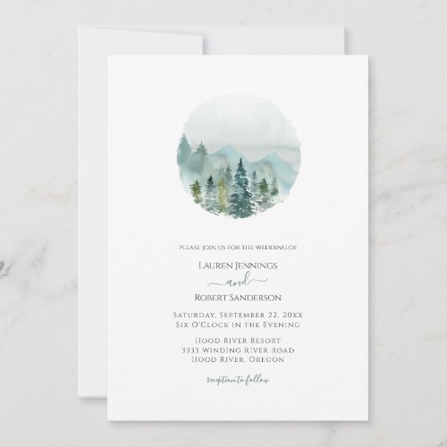 Rustic Landscape Watercolor Evergreen Tree Wedding Invitation