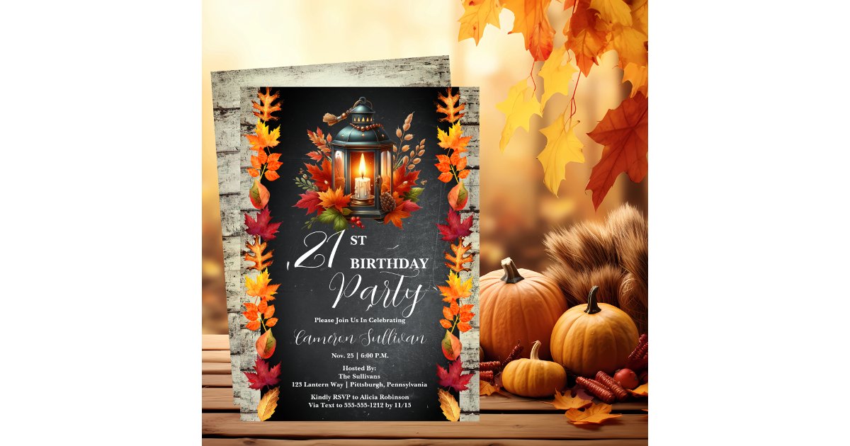 Rustic Lantern and Leaves Fall 21st Birthday Party Invitation | Zazzle