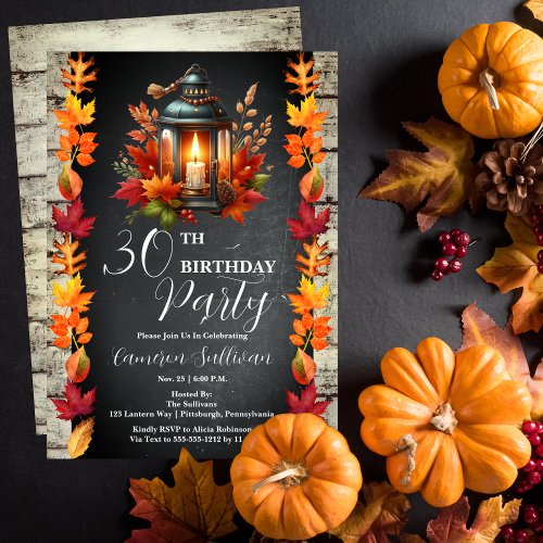 Rustic Lantern and Leaves Fall 30th Birthday Party Invitation