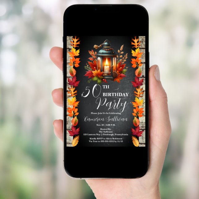 Rustic Lantern and Leaves Fall 50th Birthday Party Invitation (Front Digital)