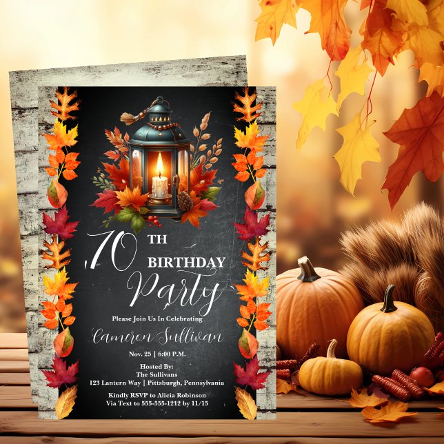 Rustic Lantern and Leaves Fall 70th Birthday Party Invitation (Candlelit Lantern and Fall | Autumn Leaves 70th Birthday Party Celebration Invitation)