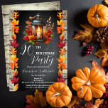 Rustic Lantern and Leaves Fall 90th Birthday Party Invitation<br><div class="desc">Birthday celebration design featuring a beautiful autumn lantern with lit candle as a centerpiece to a table arrangement of beautiful fall leaves in vibrant autumn splendor. The background features a chalkboard distressed design flanked on either side with gorgeous fall leaves, and backed by a rustic washed wood planks look background....</div>