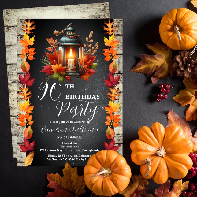 Rustic Lantern and Leaves Fall 90th Birthday Party Invitation (Candlelit Lantern and Fall | Autumn Leaves 90th Birthday Party Celebration Invitation)