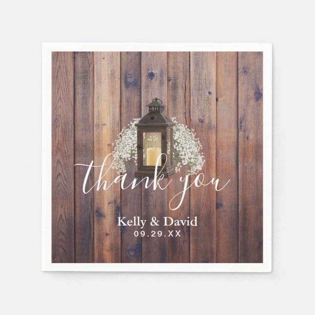 Rustic Lantern Baby's Breath Floral Barn Wedding Napkins (Front)