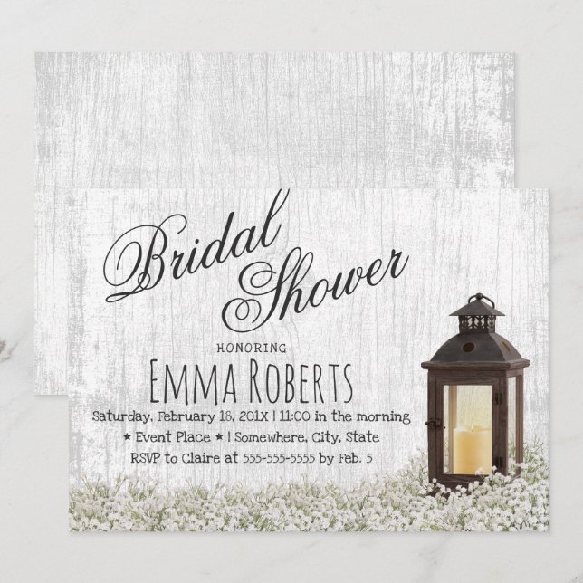 Rustic Lantern Baby's Breath Floral Bridal Shower Invitation (Front/Back)