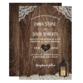 Rustic Lantern & Baby's Breath Laced Wood Wedding Invitation