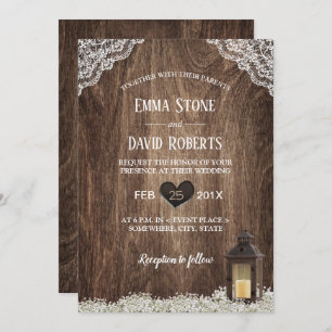 Rustic Lantern & Baby's Breath Laced Wood Wedding Invitation