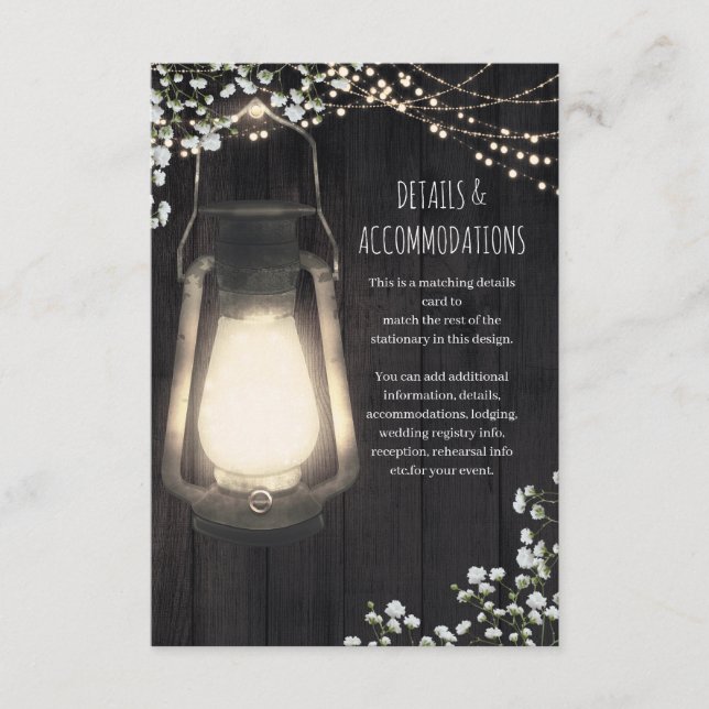 Rustic Lantern Baby's Breath Lights Wedding Detail Enclosure Card (Front)