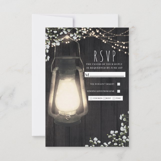 Rustic Lantern Baby's Breath & Lights Wedding RSVP Card (Front)
